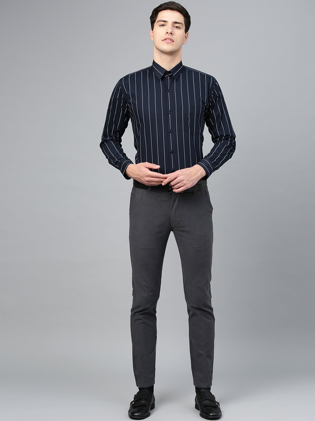 Men Navy Pure Cotton Striped Slim Fit Formal Shirt - #folk republic#
