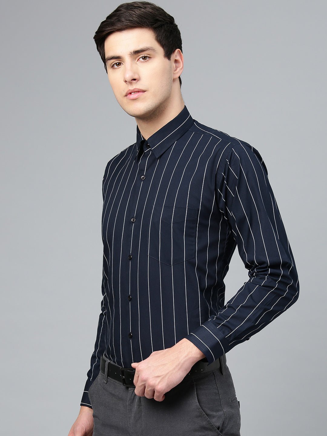 Men Navy Pure Cotton Striped Slim Fit Formal Shirt - #folk republic#