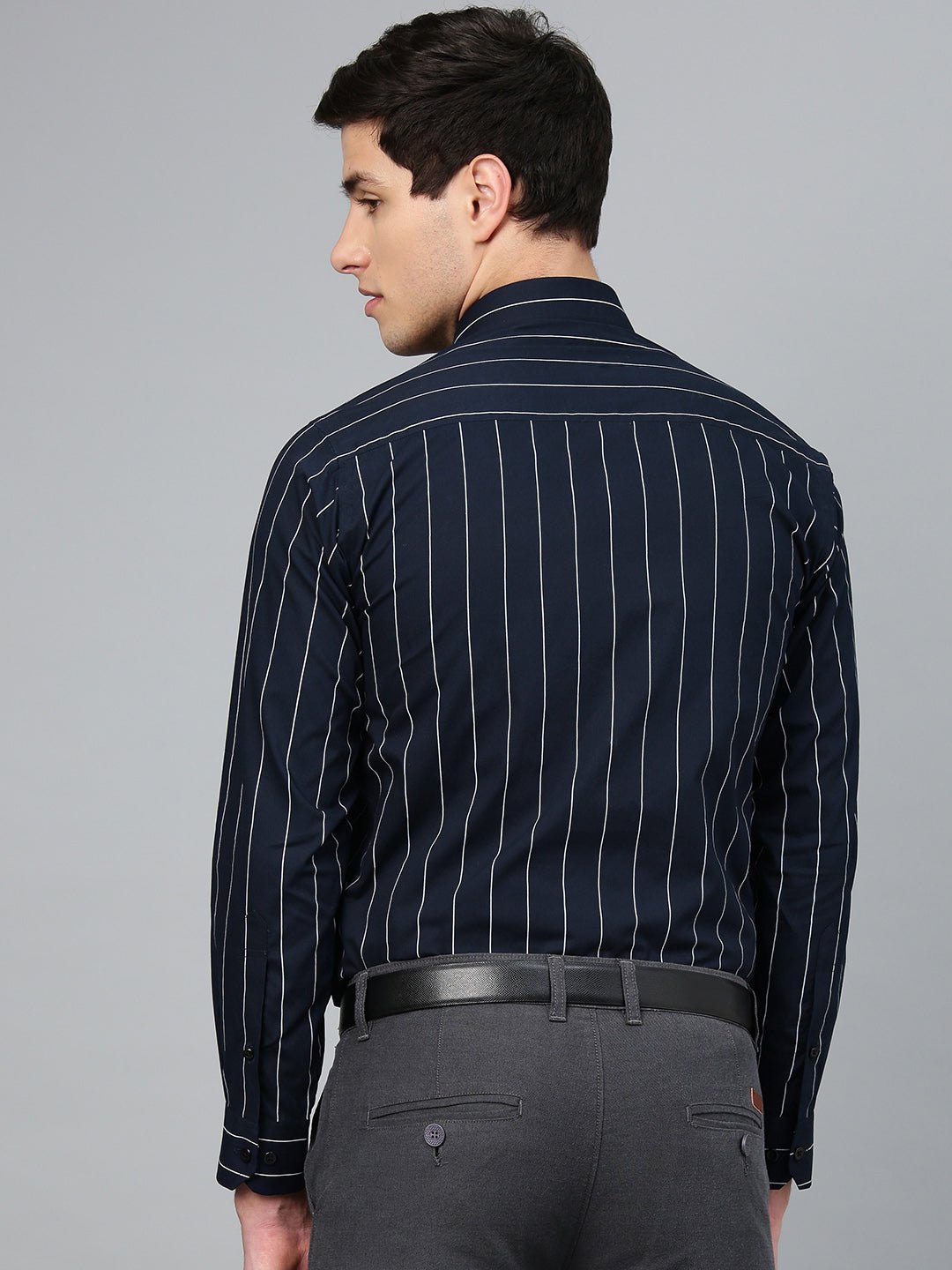 Men Navy Pure Cotton Striped Slim Fit Formal Shirt - #folk republic#