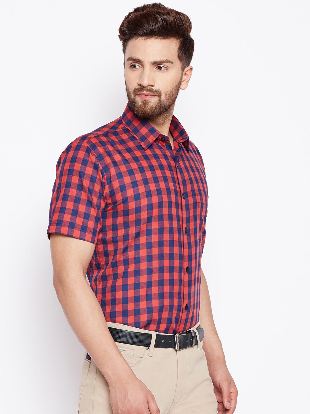 Men Navy & Red Checked Slim Fit Pure Cotton Formal Shirt - #folk republic#