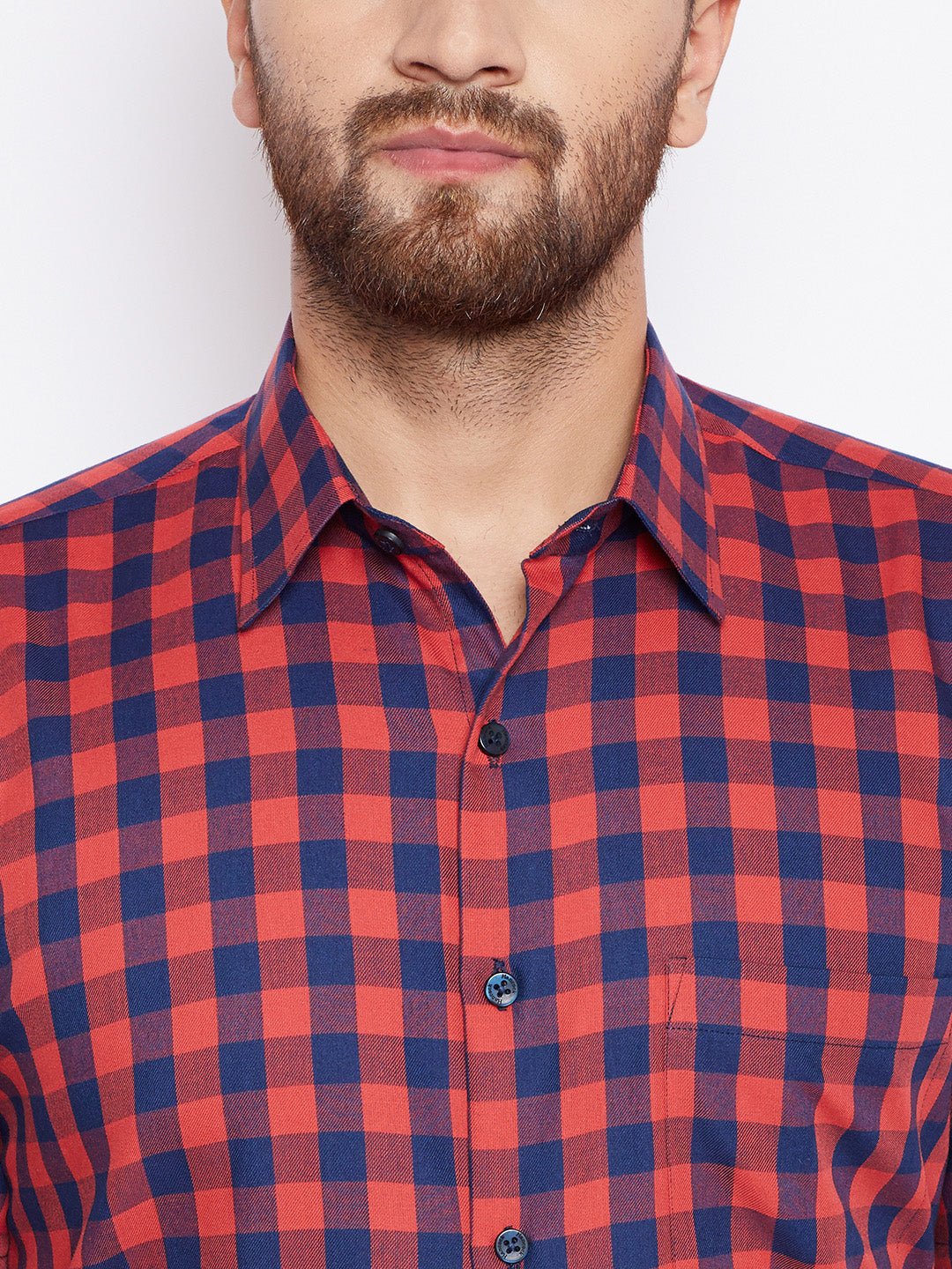 Men Navy & Red Checked Slim Fit Pure Cotton Formal Shirt - #folk republic#