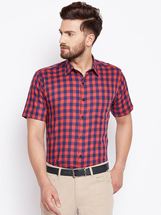 Men Navy & Red Checked Slim Fit Pure Cotton Formal Shirt - #folk republic#