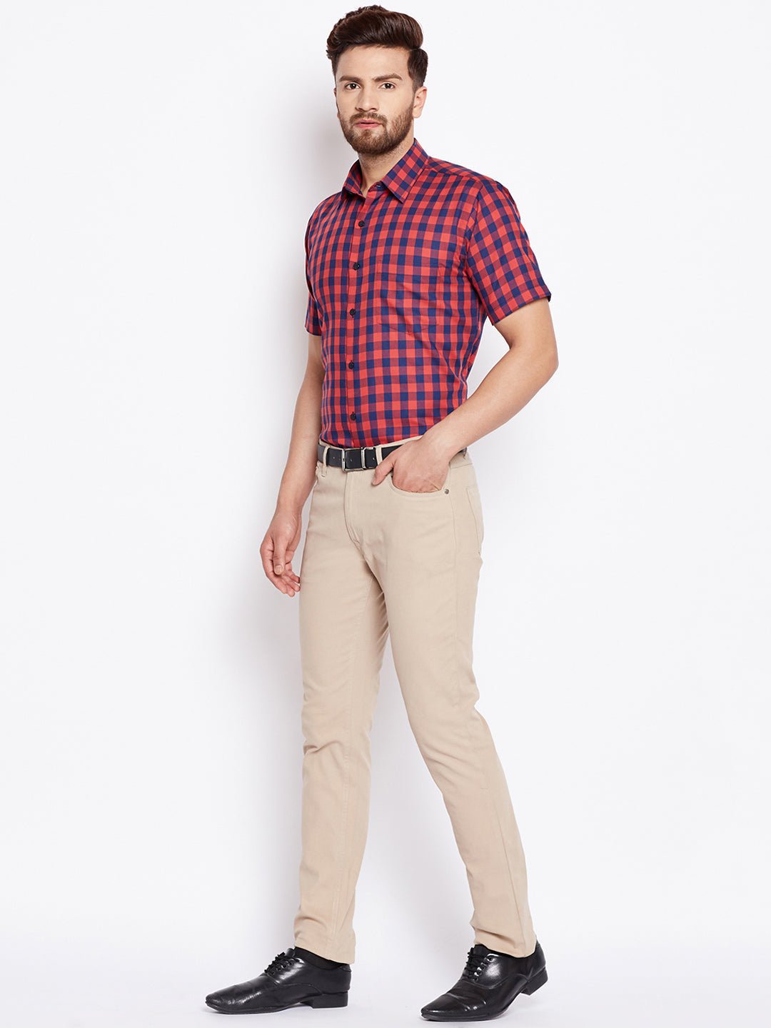 Men Navy & Red Checked Slim Fit Pure Cotton Formal Shirt - #folk republic#