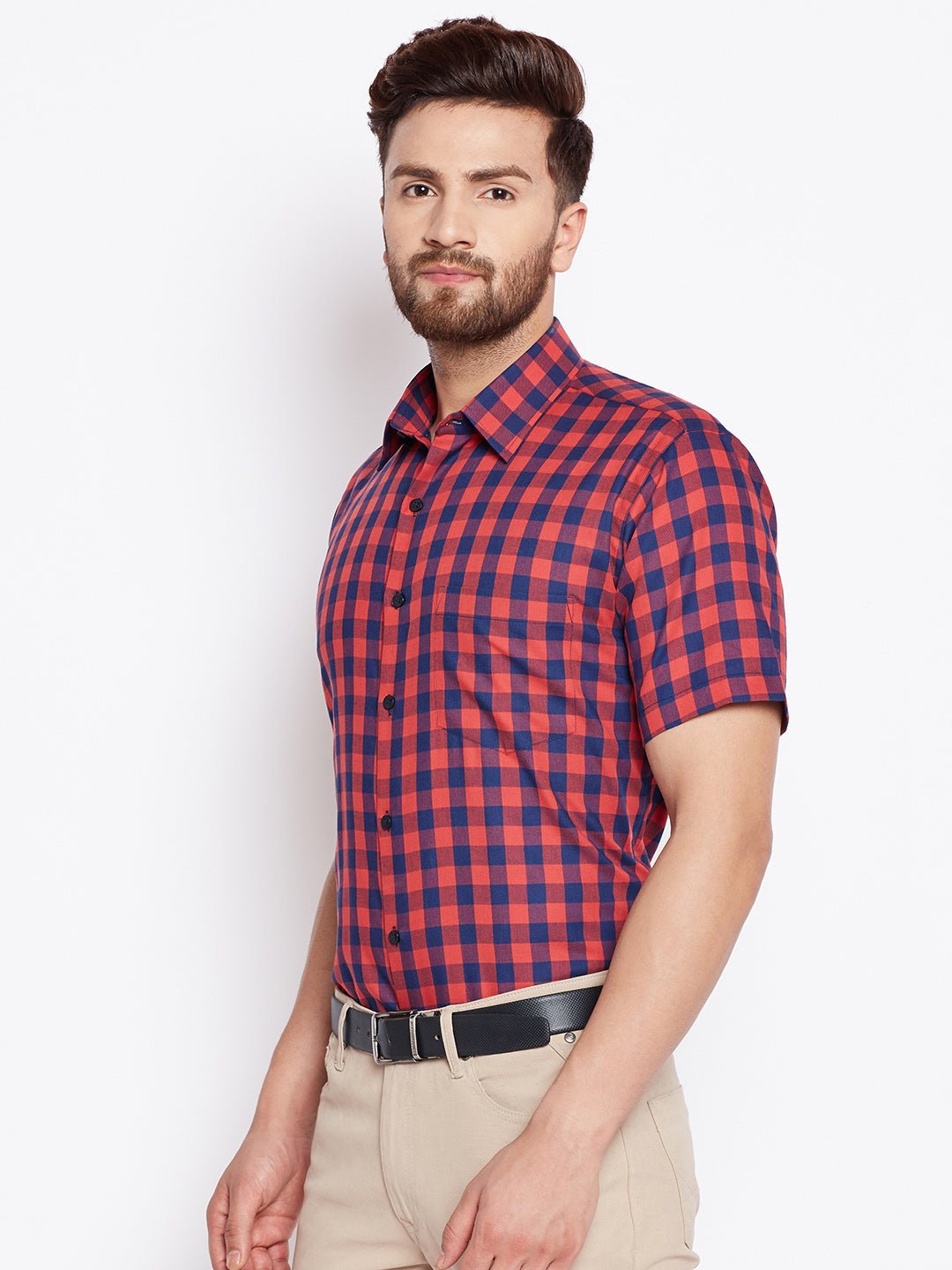 Men Navy & Red Checked Slim Fit Pure Cotton Formal Shirt - #folk republic#