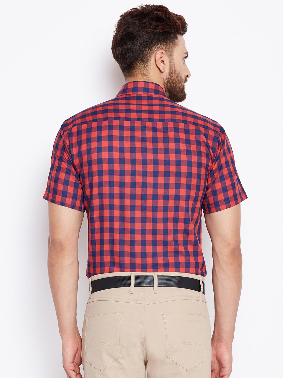 Men Navy & Red Checked Slim Fit Pure Cotton Formal Shirt - #folk republic#