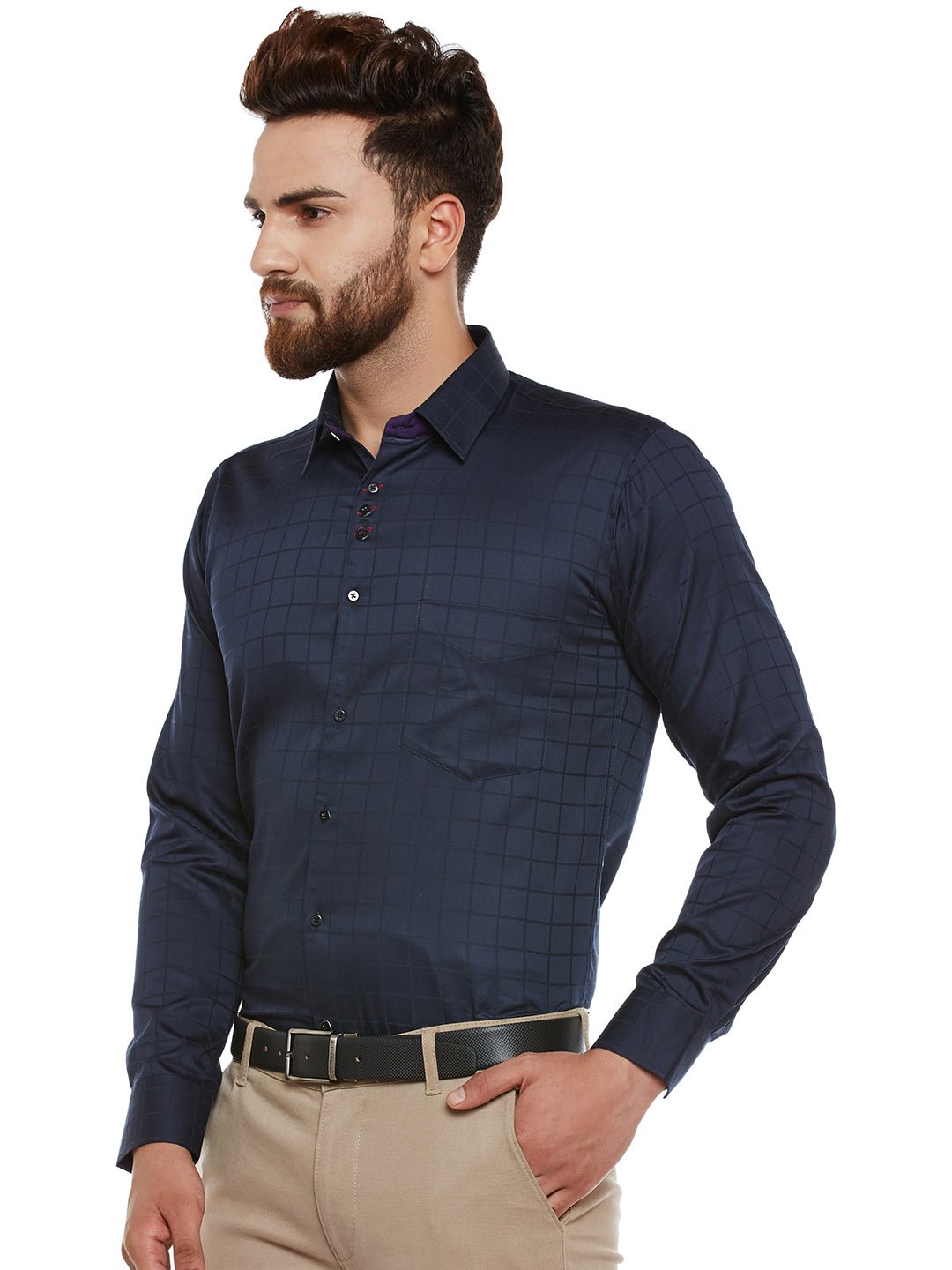Men Navy Self Design Pure Cotton Slim Fit Formal Shirt - #folk republic#
