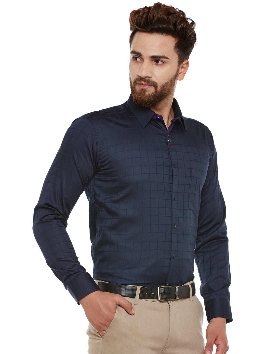 Men Navy Self Design Pure Cotton Slim Fit Formal Shirt - #folk republic#