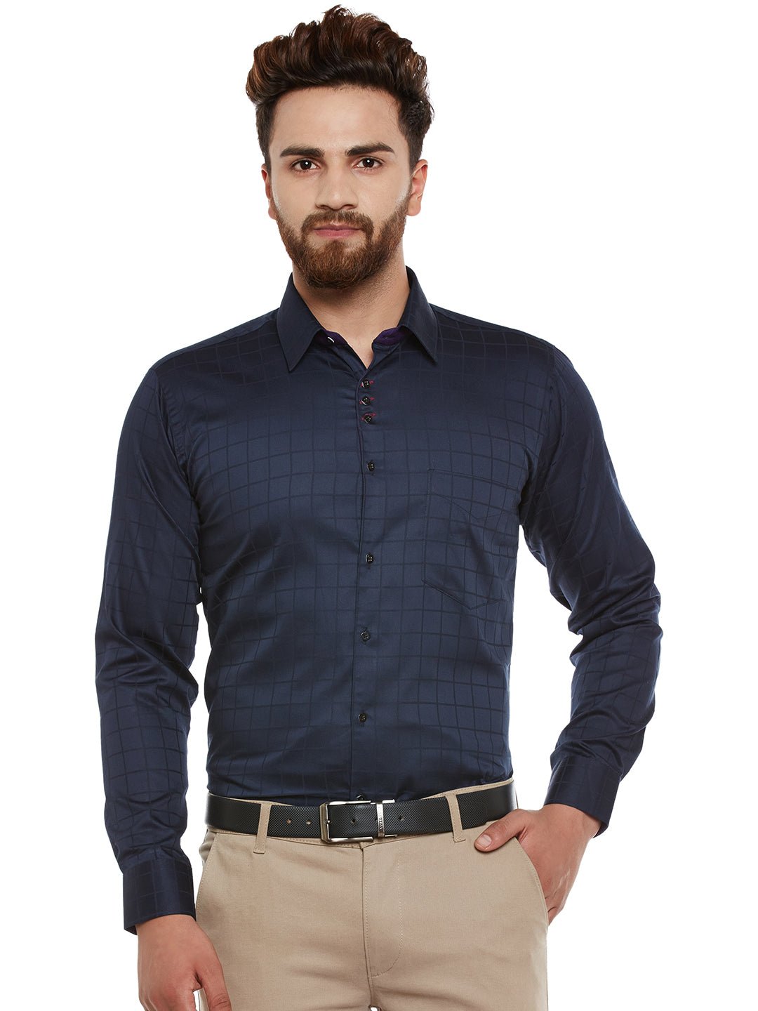 Men Navy Self Design Pure Cotton Slim Fit Formal Shirt - #folk republic#
