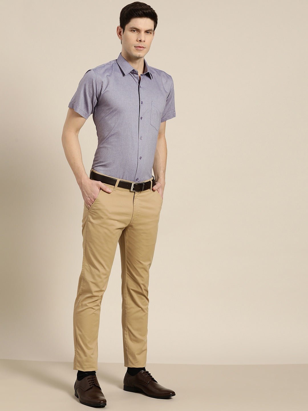Men Navy Solid Chambray Short Sleeves Cotton Rich Slim Fit Formal Shirt - #folk republic#
