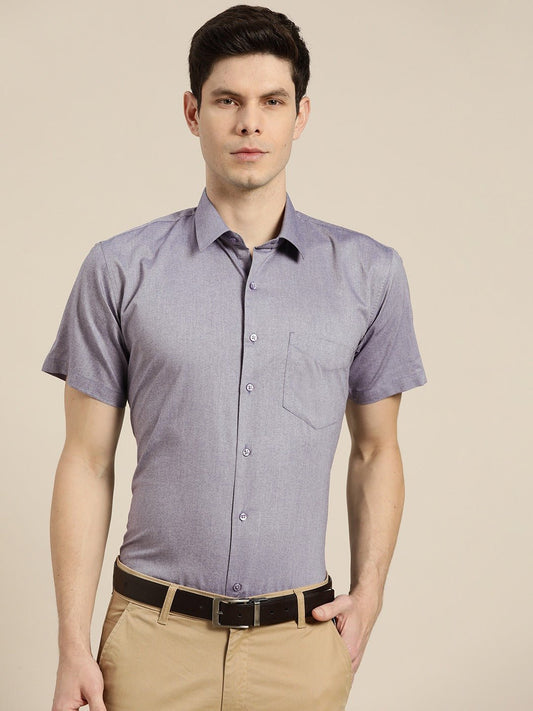 Men Navy Solid Chambray Short Sleeves Cotton Rich Slim Fit Formal Shirt - #folk republic#