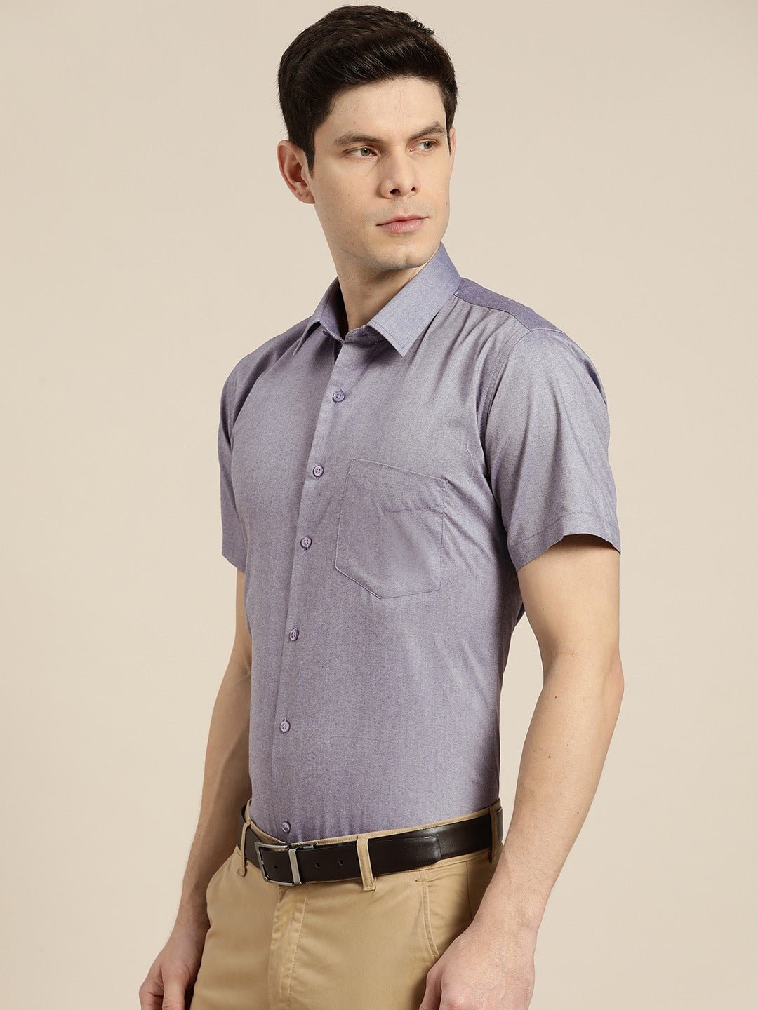 Men Navy Solid Chambray Short Sleeves Cotton Rich Slim Fit Formal Shirt - #folk republic#