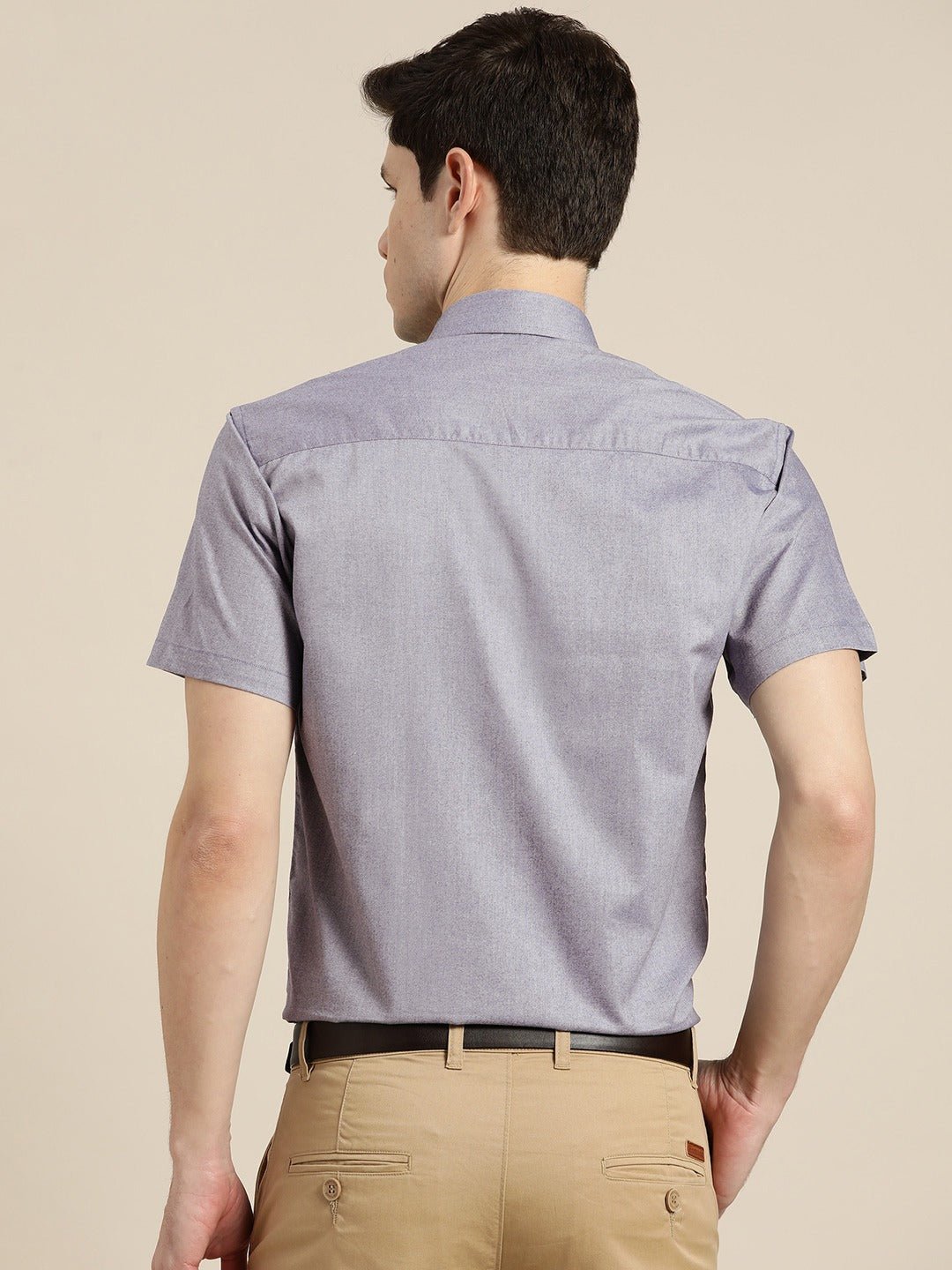 Men Navy Solid Chambray Short Sleeves Cotton Rich Slim Fit Formal Shirt - #folk republic#