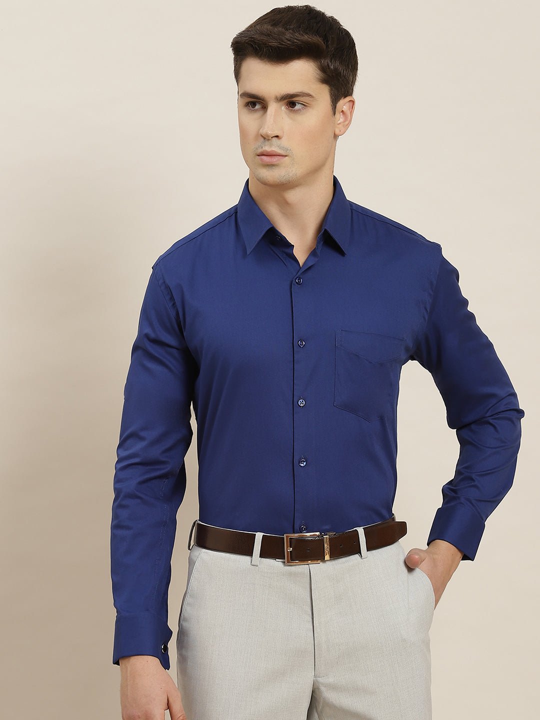 Men Navy Solid French Cuff Pure Cotton Slim Fit Formal Shirt - #folk republic#