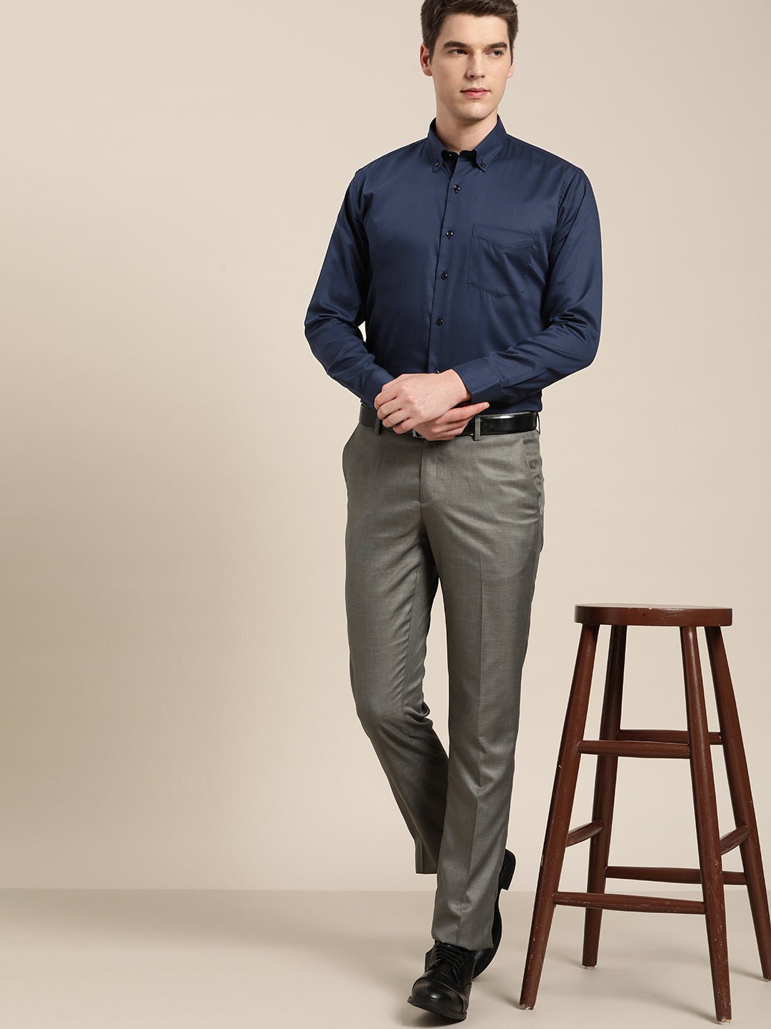 Men Navy Solid Pure Cotton Slim Fit Formal Shirt - #folk republic#