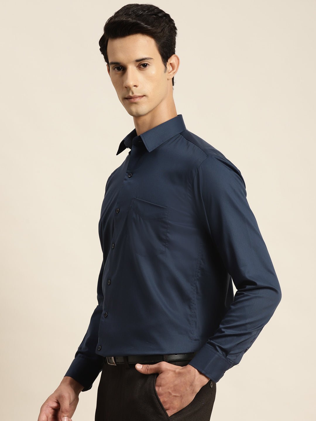Men Navy Solid Pure Cotton Slim Fit Formal Shirt - #folk republic#