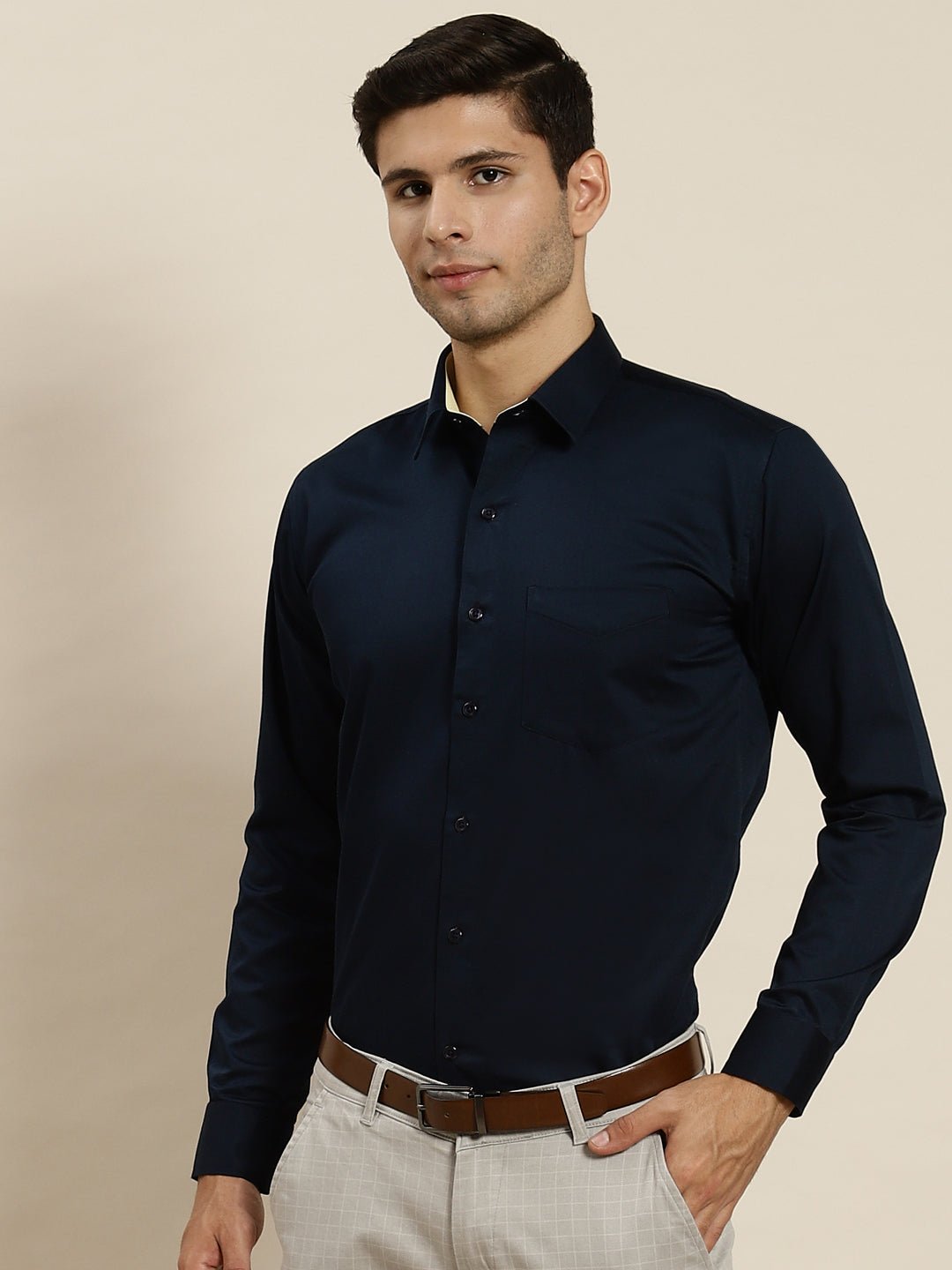 Men Navy Solid Pure Cotton Slim Fit Formal Shirt - #folk republic#