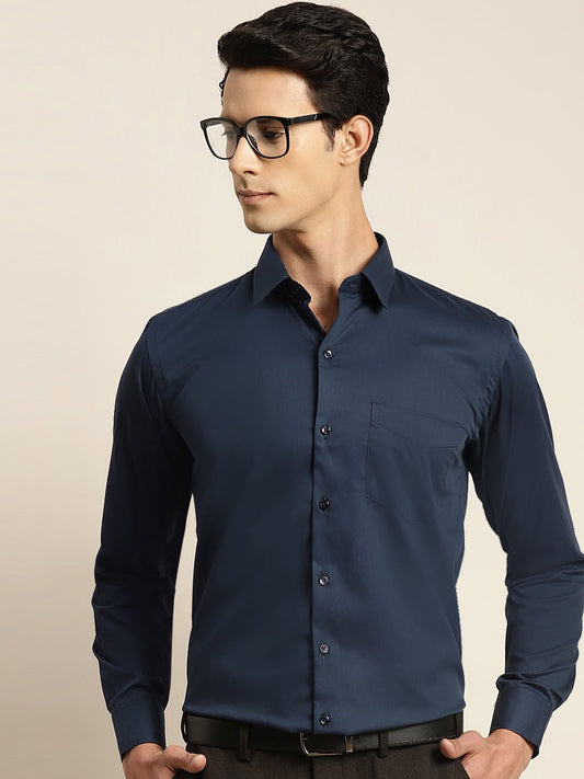 Men Navy Solid Pure Cotton Slim Fit Formal Shirt - #folk republic#