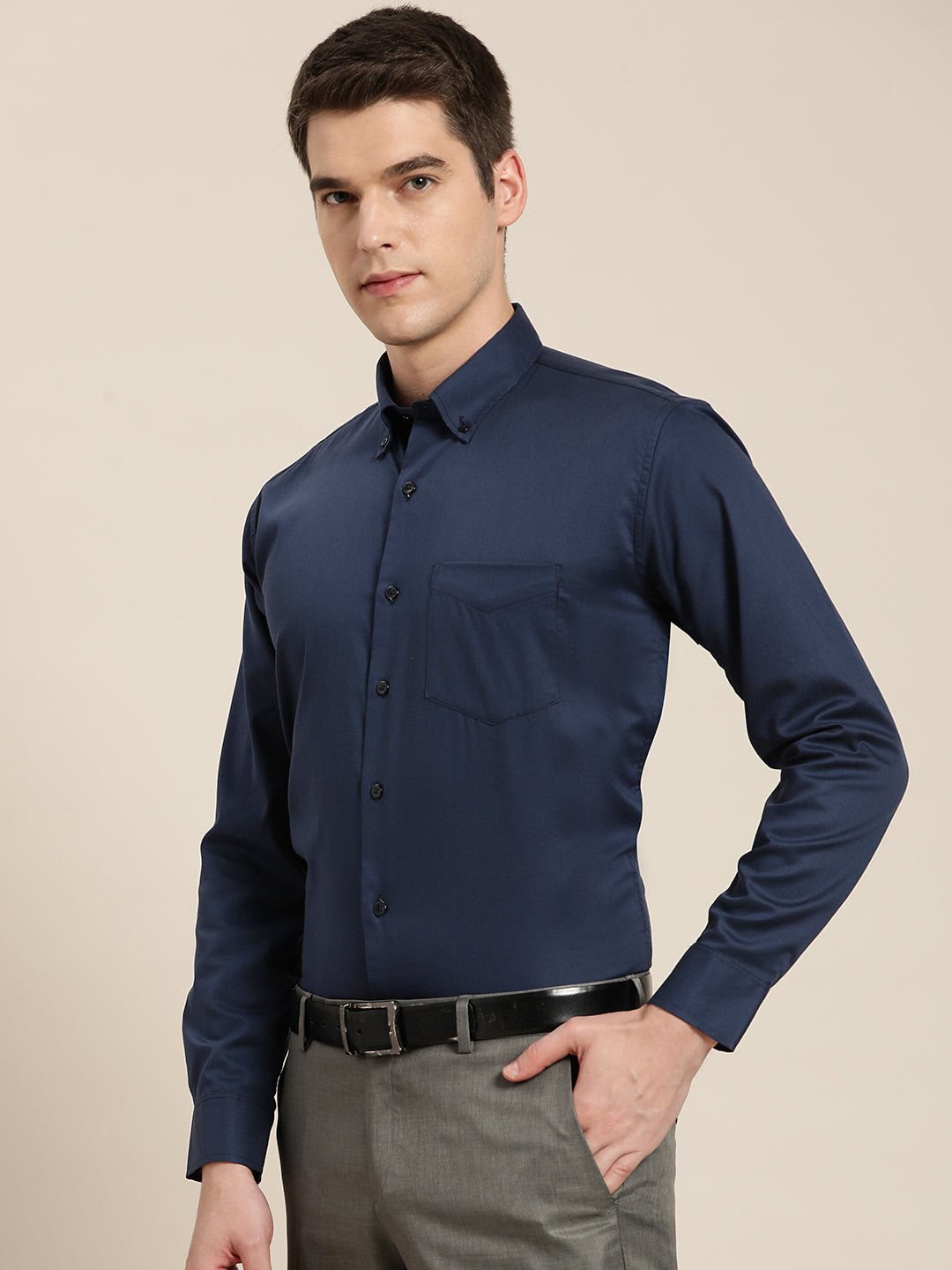 Men Navy Solid Pure Cotton Slim Fit Formal Shirt - #folk republic#