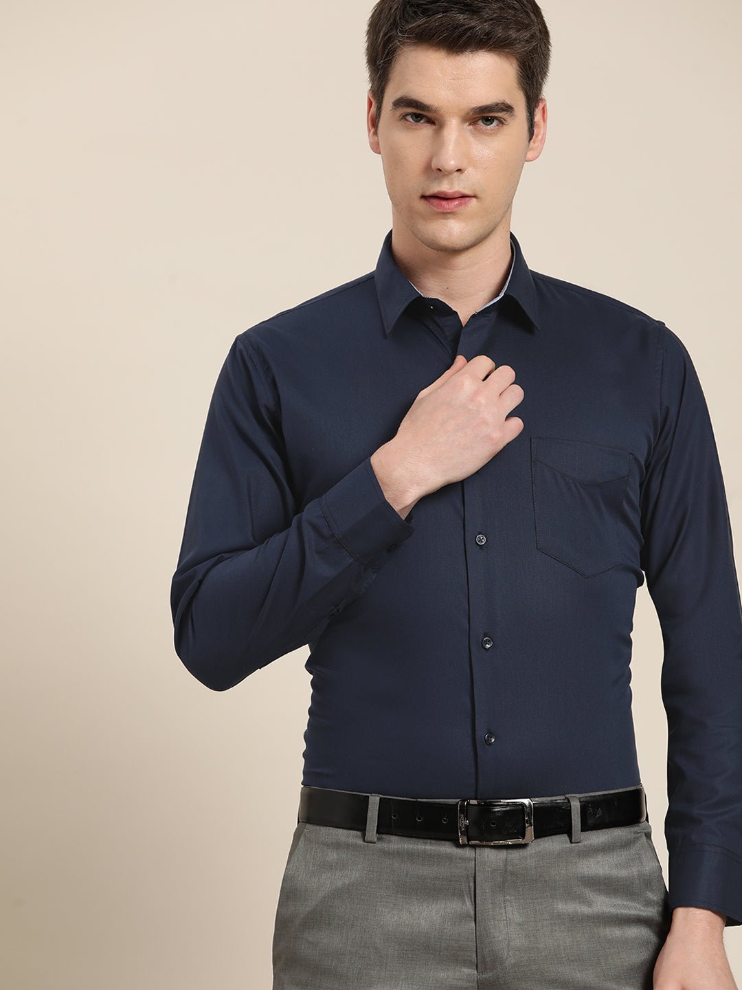 Men Navy Solid Pure Cotton Slim Fit Formal Shirt - #folk republic#