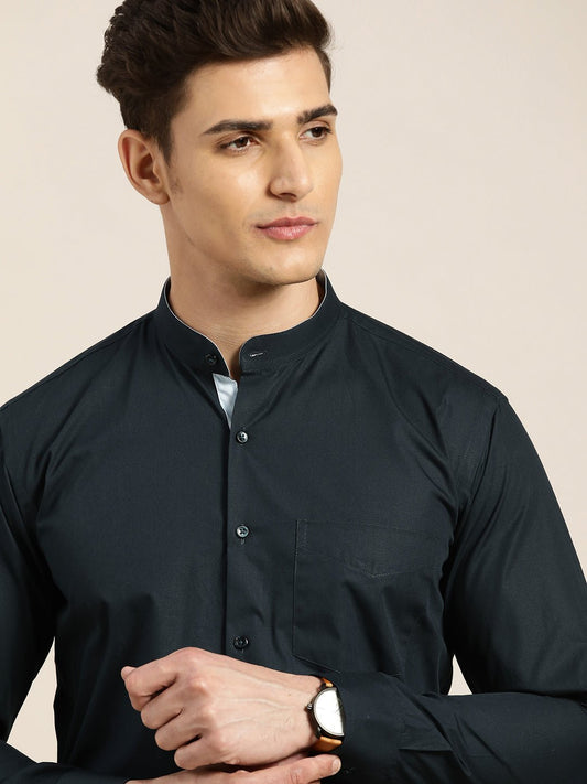 Men Navy Solid Pure Cotton Slim Fit Formal Shirt - #folk republic#
