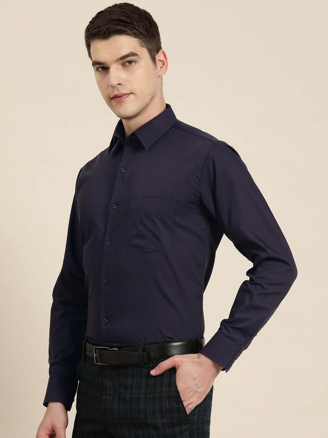 Men Navy Solid Pure Cotton Slim fit Formal Shirt - #folk republic#