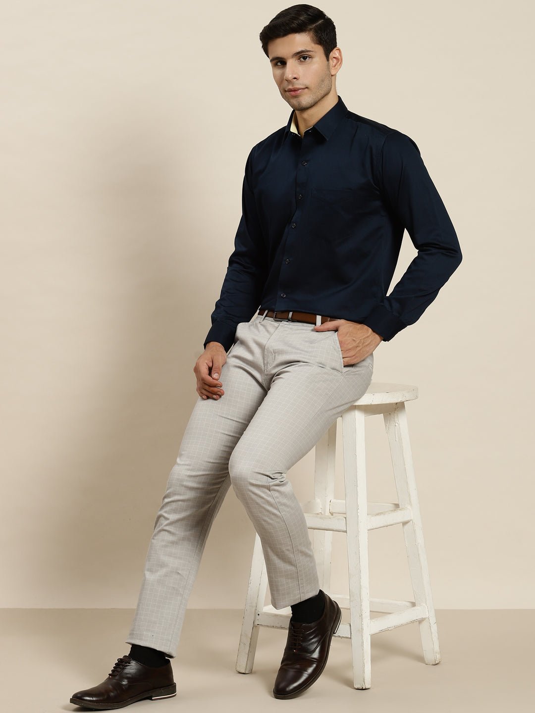 Men Navy Solid Pure Cotton Slim Fit Formal Shirt - #folk republic#