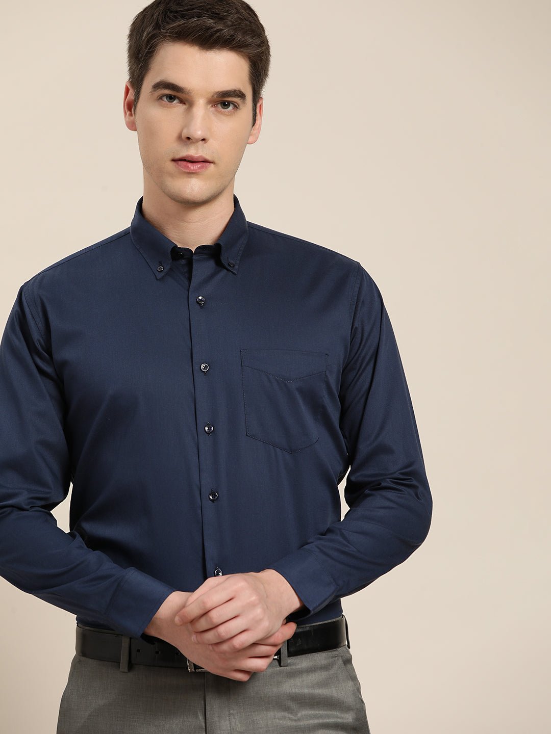 Men Navy Solid Pure Cotton Slim Fit Formal Shirt - #folk republic#