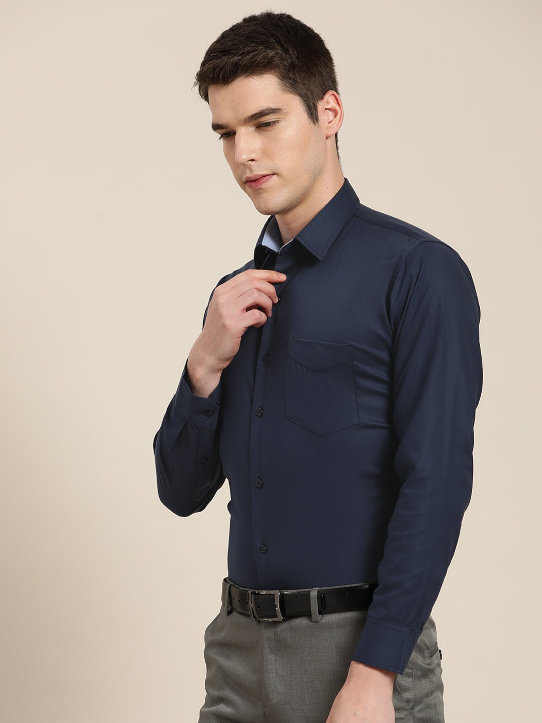 Men Navy Solid Pure Cotton Slim Fit Formal Shirt - #folk republic#