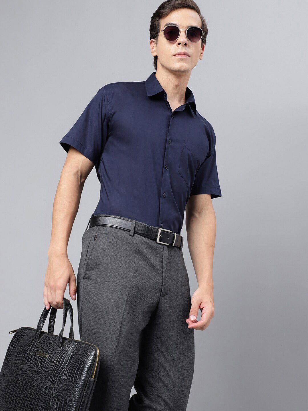 Men Navy Solid PureCotton Slim Fit Formal Shirt - #folk republic#