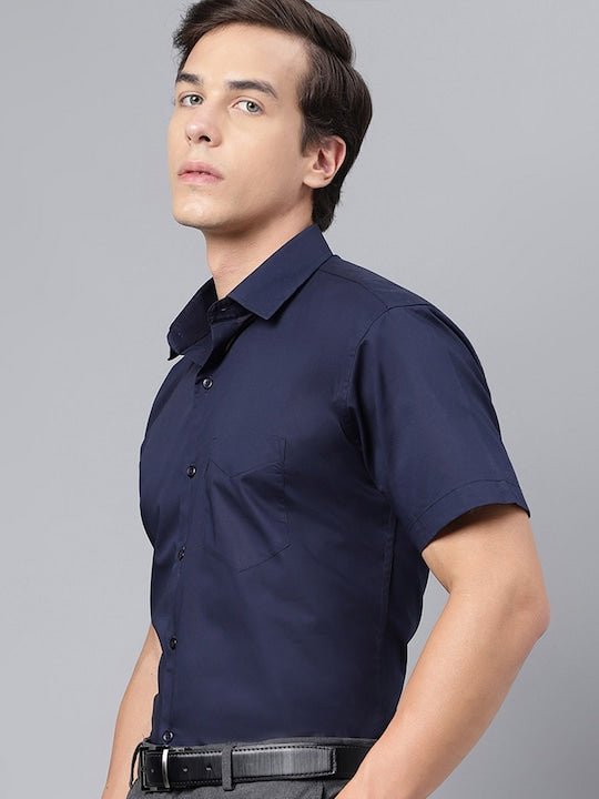 Men Navy Solid PureCotton Slim Fit Formal Shirt - #folk republic#