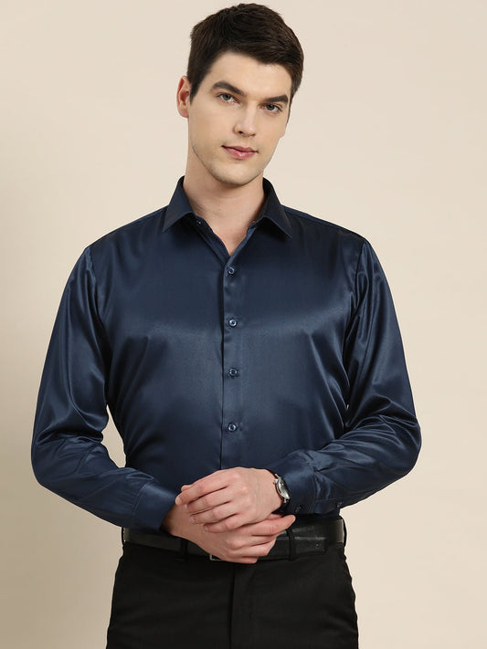 Men Navy Solid Satin Tuxedo Slim fit Party Shirt - #folk republic#