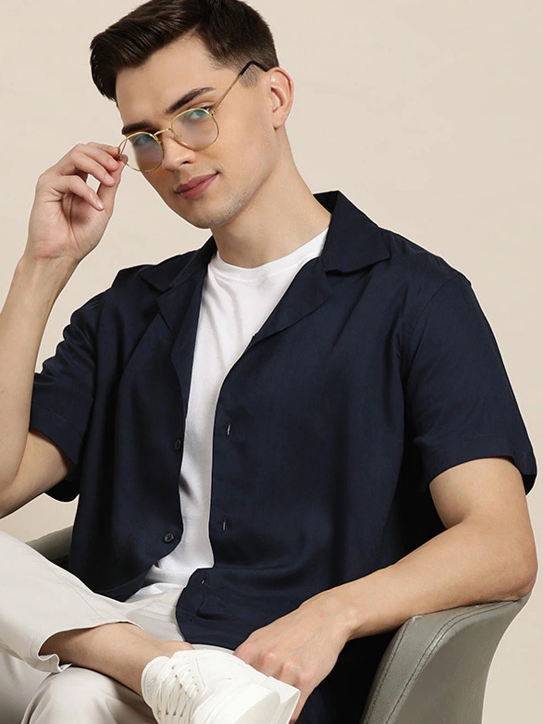 Men Navy Solid Viscose Rayon Relaxed Fit Casual Resort Shirt - #folk republic#