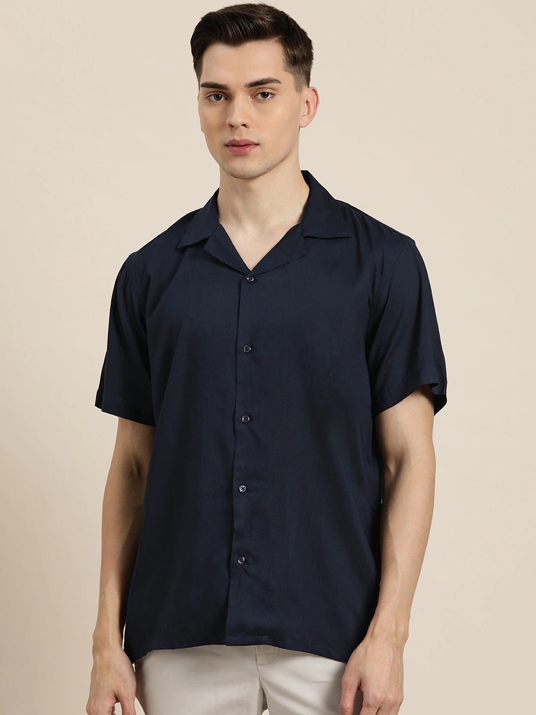 Men Navy Solid Viscose Rayon Relaxed Fit Casual Resort Shirt - #folk republic#