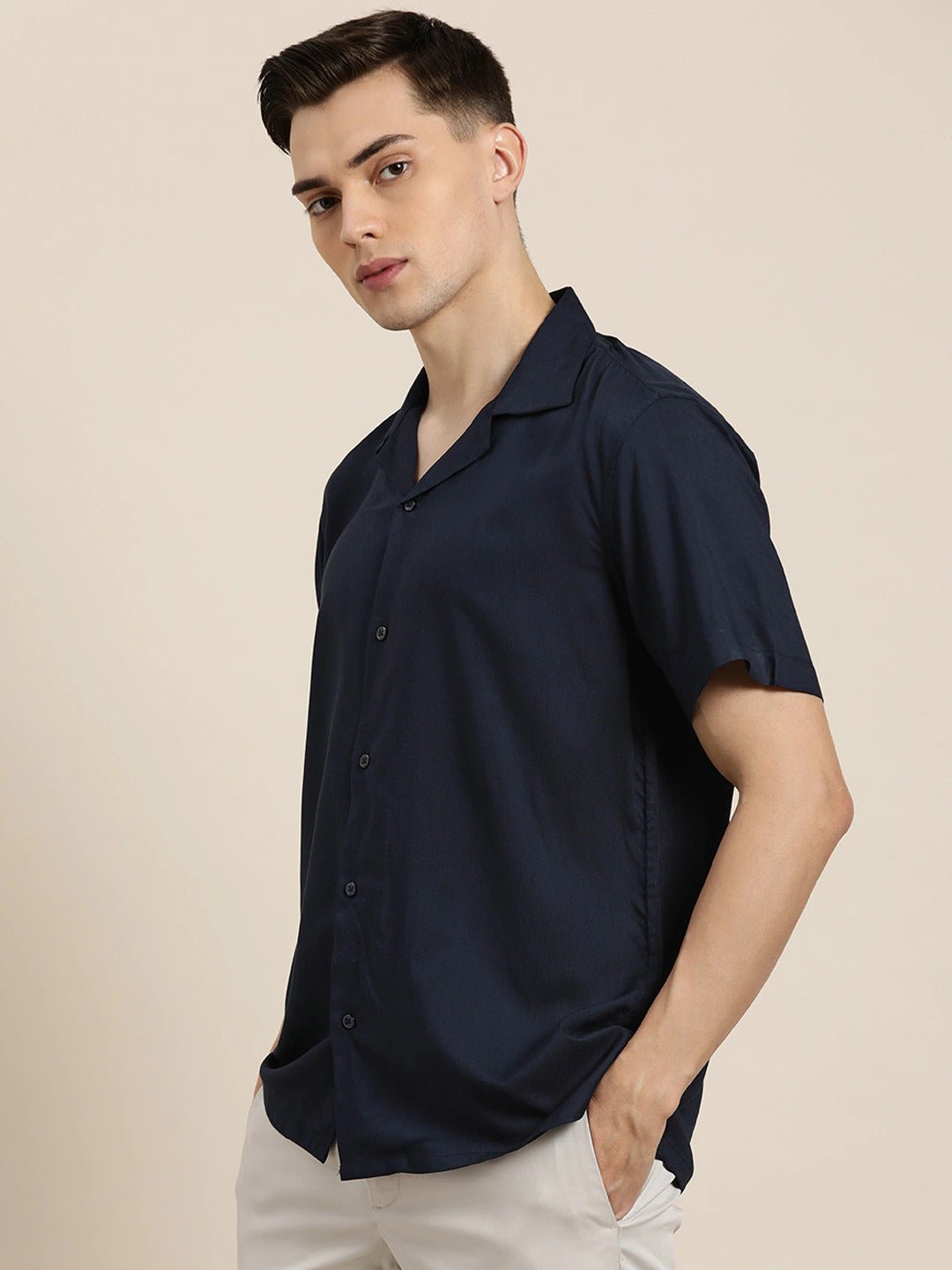 Men Navy Solid Viscose Rayon Relaxed Fit Casual Resort Shirt - #folk republic#