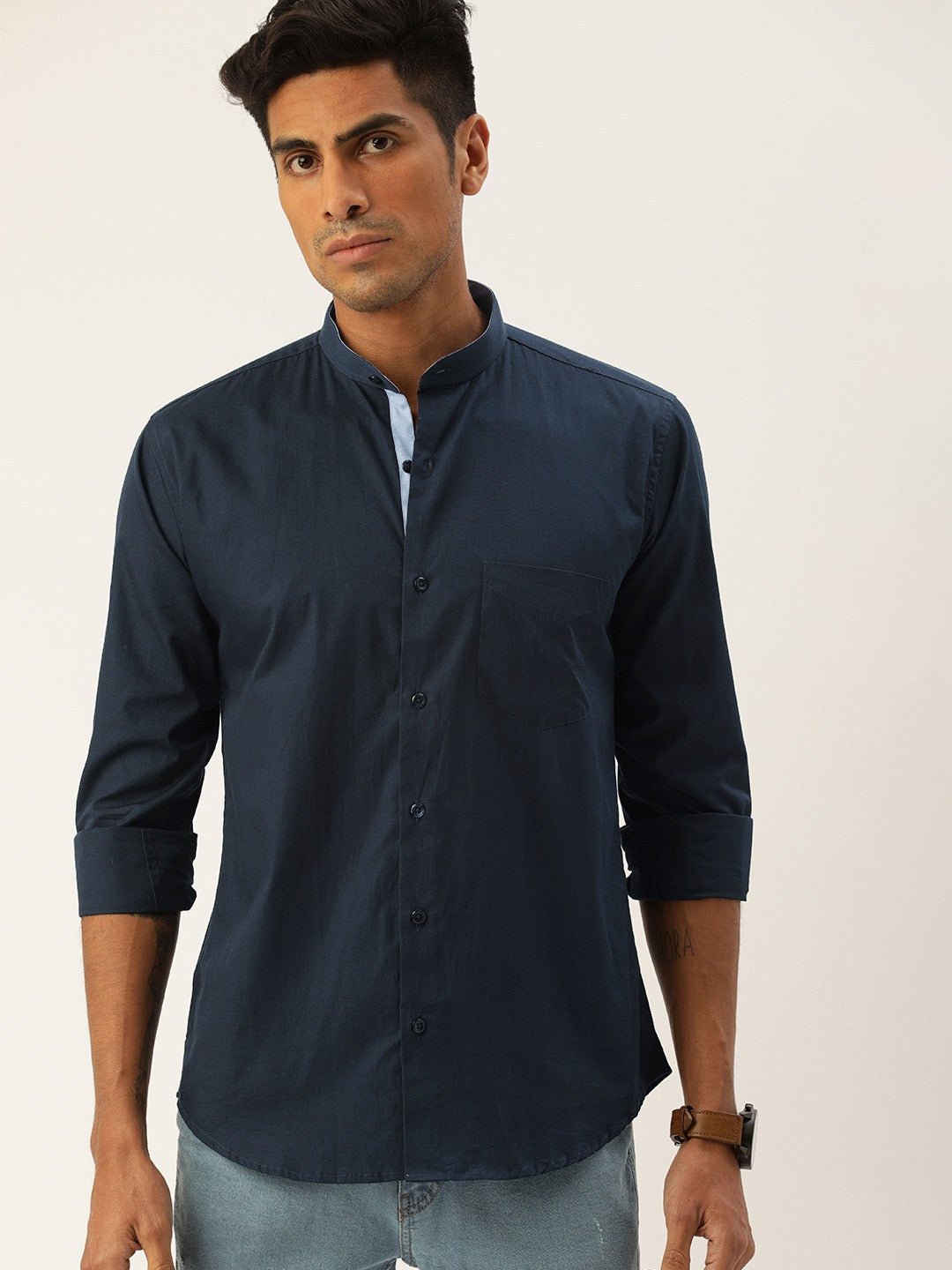 Men Navy Solids Pure Cotton Slim Fit Formal Shirt - #folk republic#