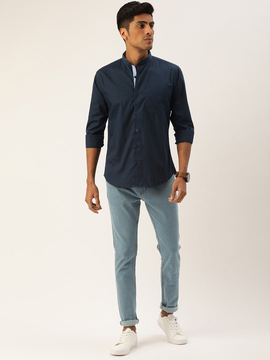 Men Navy Solids Pure Cotton Slim Fit Formal Shirt - #folk republic#