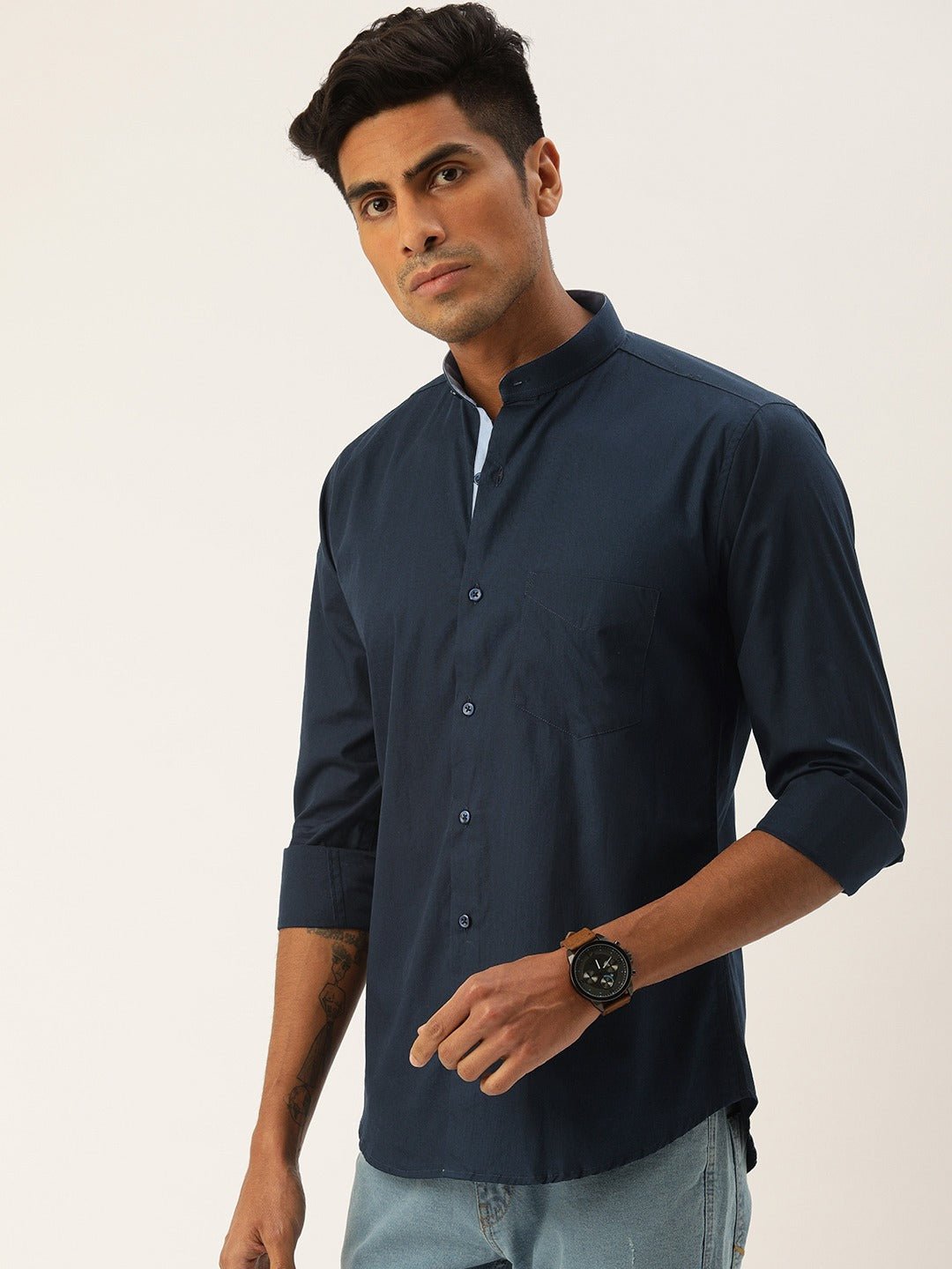 Men Navy Solids Pure Cotton Slim Fit Formal Shirt - #folk republic#