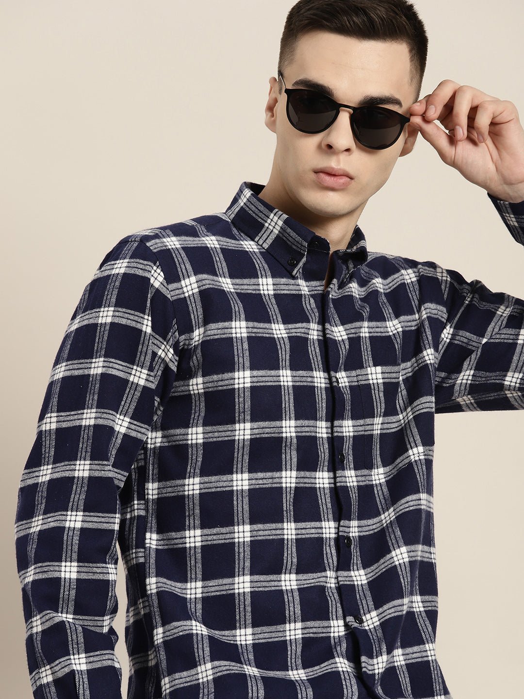 Men Navy & White Checks Pure Cotton Slim fit Casual Shirt - #folk republic#