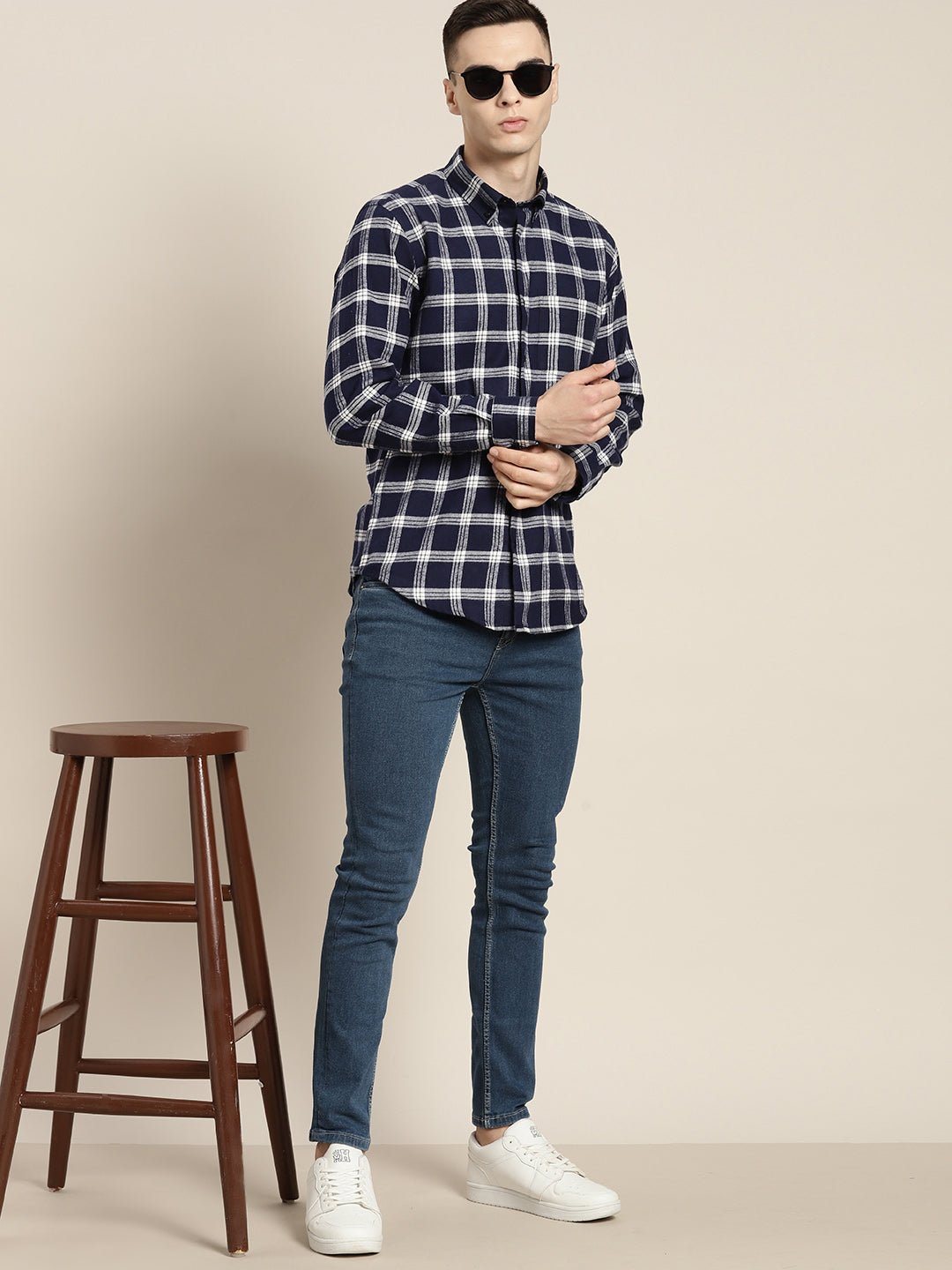 Men Navy & White Checks Pure Cotton Slim fit Casual Shirt - #folk republic#
