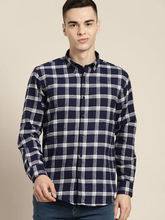 Men Navy & White Checks Pure Cotton Slim fit Casual Shirt - #folk republic#