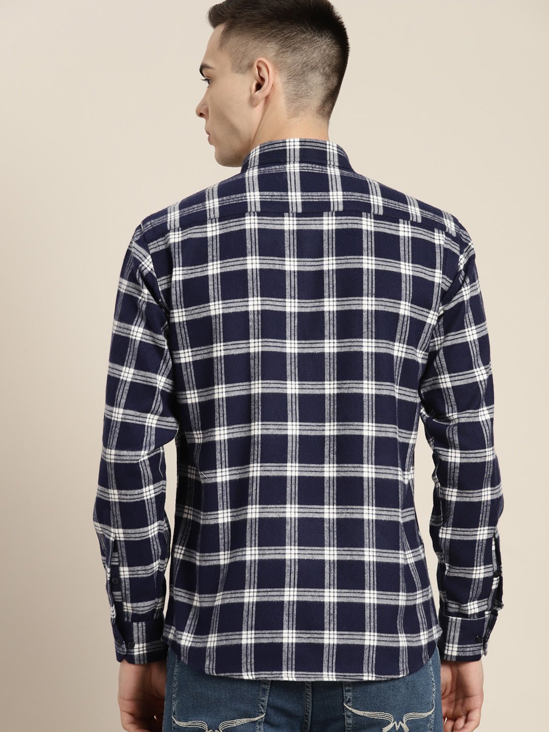 Men Navy & White Checks Pure Cotton Slim fit Casual Shirt - #folk republic#