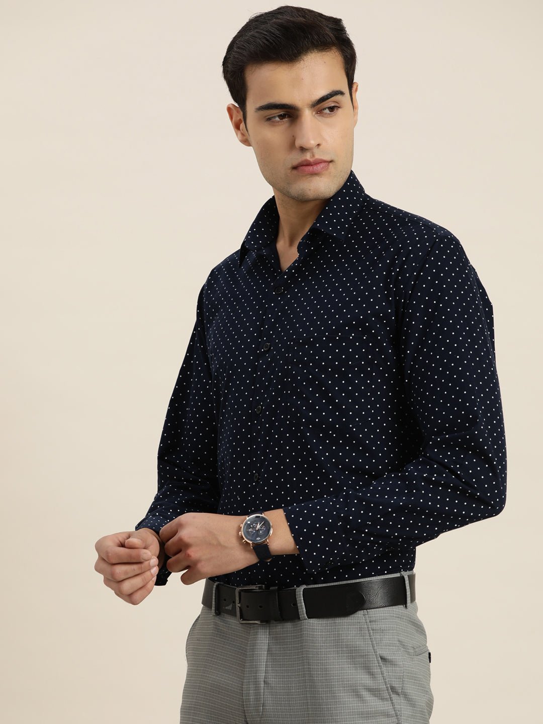 Men Navy & White Print Pure Cotton Slim fit Party Shirt - #folk republic#