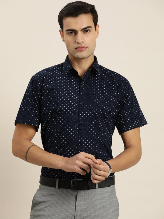 Men Navy & White Print Pure Cotton Slim fit Party Shirt - #folk republic#