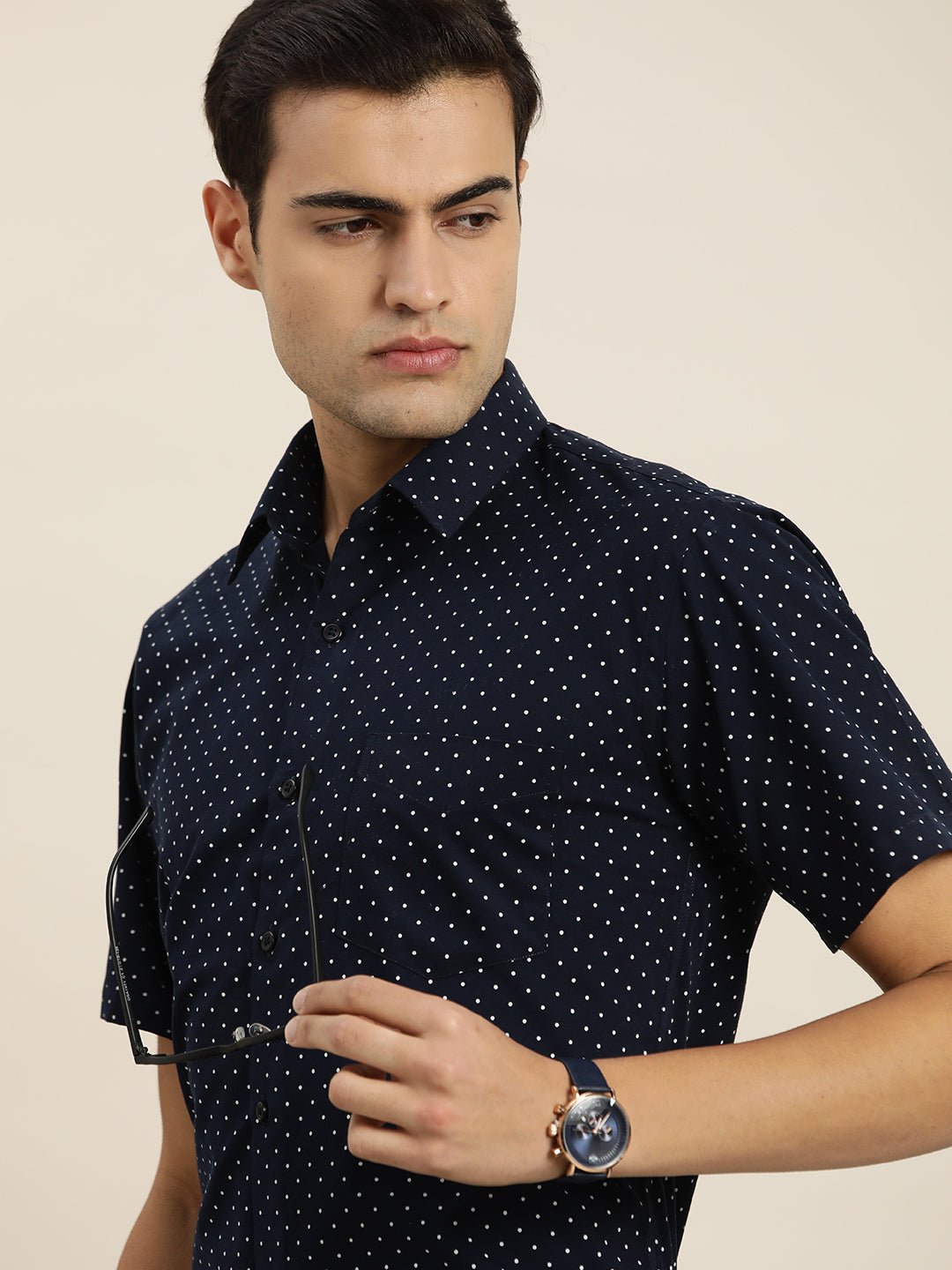Men Navy & White Print Pure Cotton Slim fit Party Shirt - #folk republic#