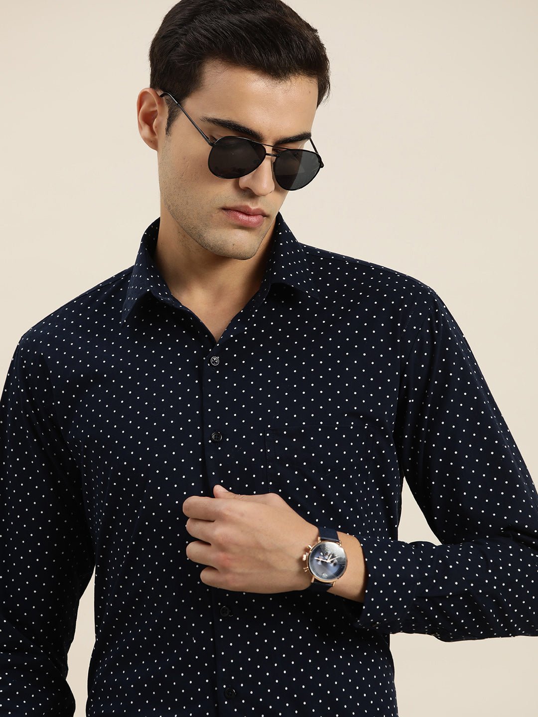 Men Navy & White Print Pure Cotton Slim fit Party Shirt - #folk republic#