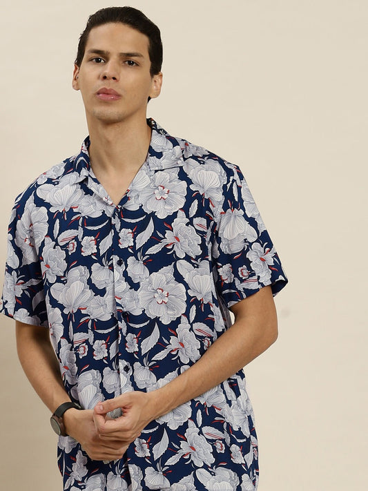 Men Navy & White Printed Viscose Rayon Regular Fit Casual Shirt - #folk republic#
