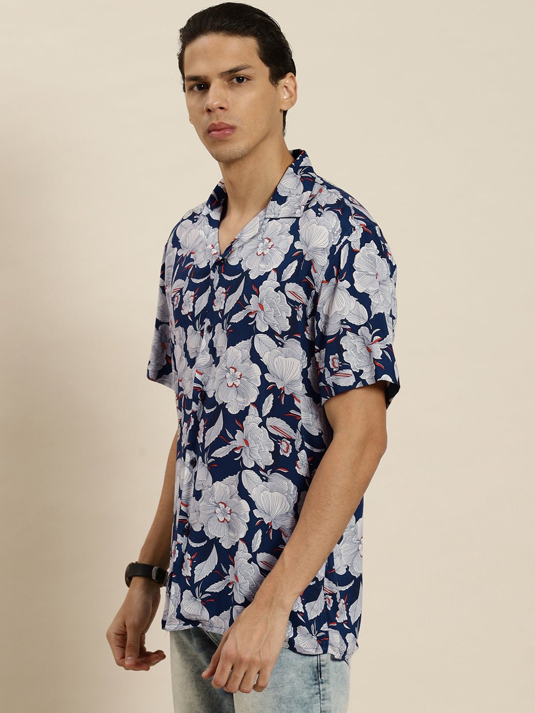 Men Navy & White Printed Viscose Rayon Regular Fit Casual Shirt - #folk republic#