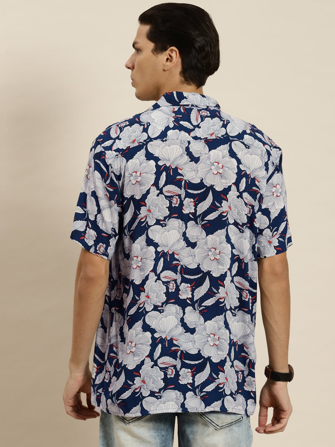 Men Navy & White Printed Viscose Rayon Regular Fit Casual Shirt - #folk republic#