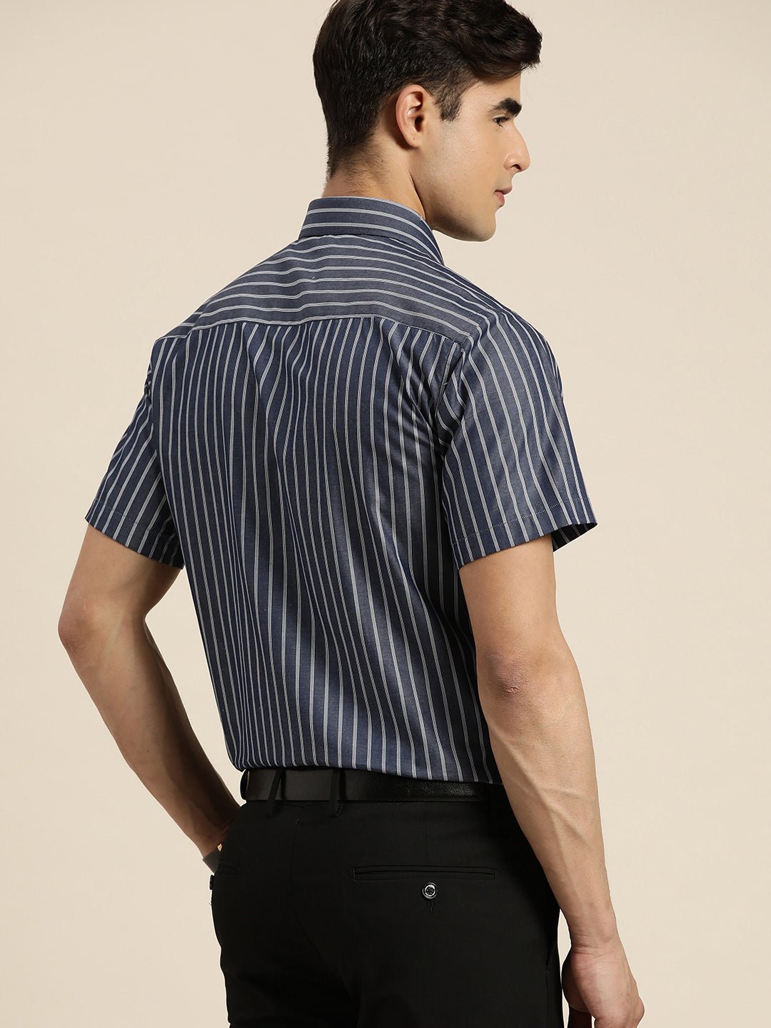 Men Navy & White Stripes Pure Cotton Slim fit Formal Shirt - #folk republic#