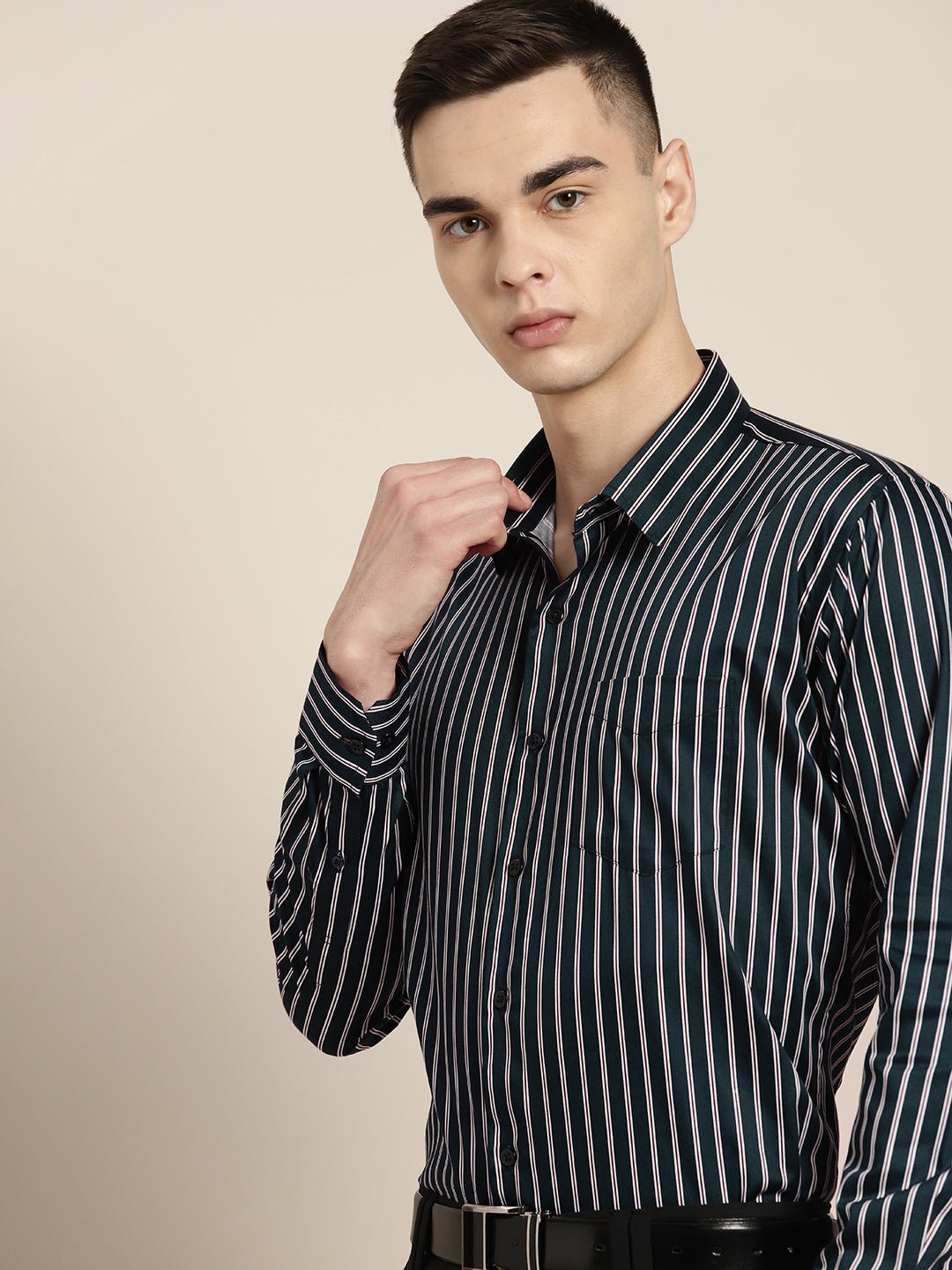 Men Navy & White Stripes Pure Cotton Slim fit Formal Shirt - #folk republic#